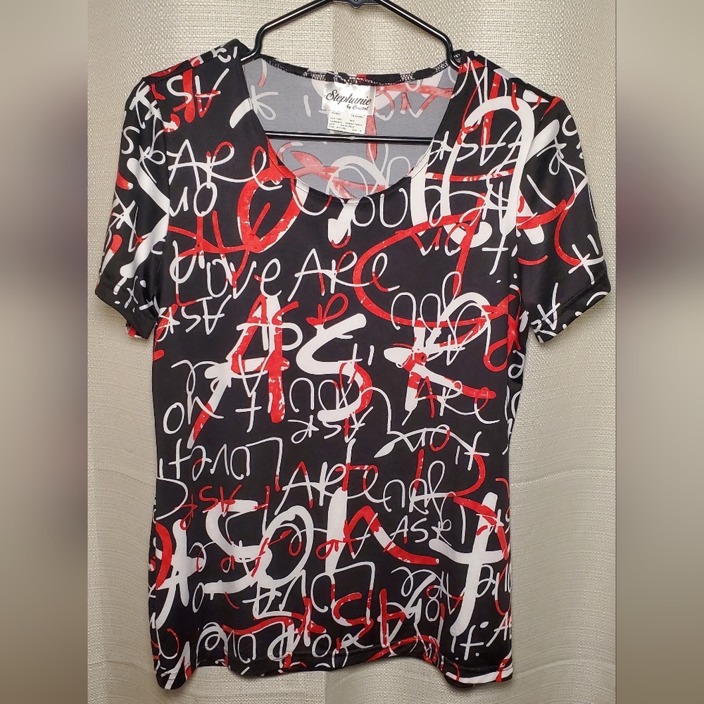(4/$20) Women's Black and Red Graphic Print Top, Stephanie by Crystal, Size S